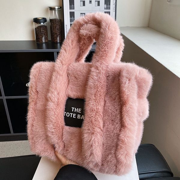 

evening bags large capacity tote faux fur women handbag designer brand letter shoulder short handle fluffy plush winter bolso 230208