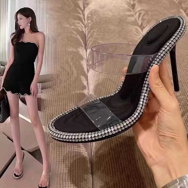 

sandals women's shoes rhinestone transparent open shoes high heels with stiletto open shoes feminine open toe high heels 10cm shoes t23, Black