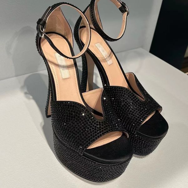 

designer shoes black sandals for womens designer platform heel satin drill embellishment cool shoes 14cm high heeled gladiator ladies weddin