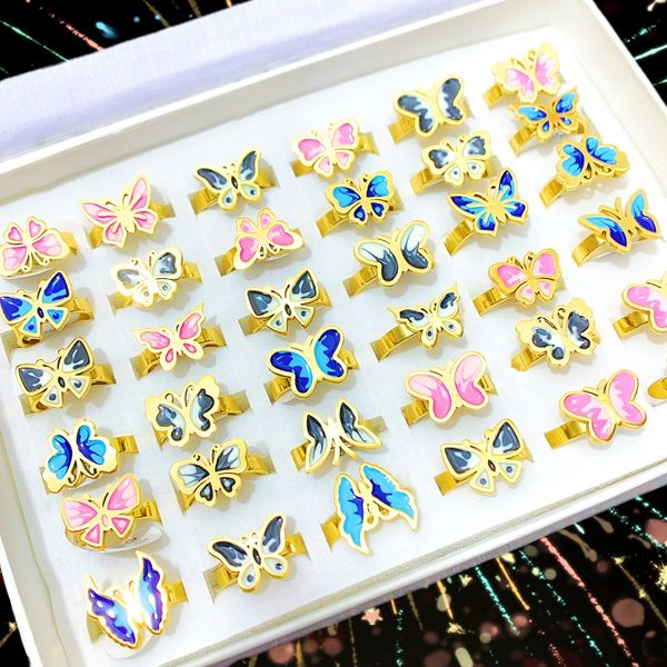 

wholesale 36pcs paint colorful butterfly finger rings mixed style gold plated stainless steel women girl fashion cute charms party gifts sum, Slivery;golden