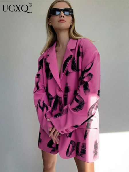 

womens suits blazers ucxq letter printed woman notched loose long sleeve pink coats streetwear autumn bolero women jacket 23xf358 230209, White;black