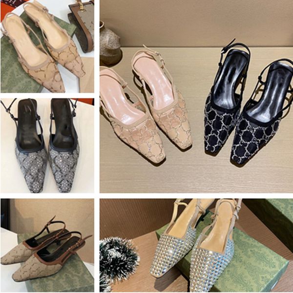 

women slingback sandals designer mid heels mesh sandal luxury diamond slippers crystals rhinestone shoes 2023 summer ankle strap slippers dr, Black
