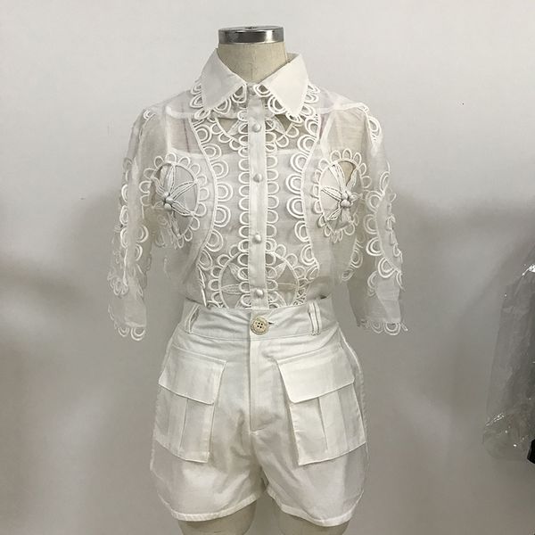 

women s tracksuits high street est fashion runway 2023 suit set short sleeve hollow out blouse shirt shorts 230208, Gray