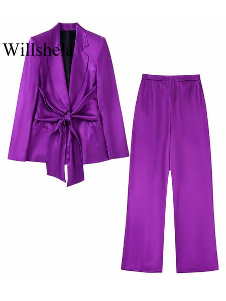 

womens two piece pants willshela women fashion 2 suit silk bowed blazer vintage high elastic waist trousers female office lady set 230209, White