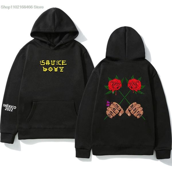 

mens hoodies sweatshirts american rapper eladio carrion hoodie sauce boyz music album print trend harajuku streetwear hooded pullover 230209, Black