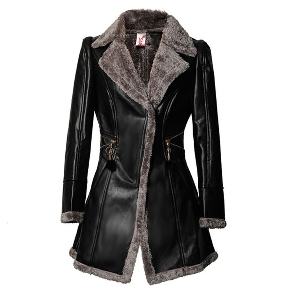 

women's leather faux leather loose size autumn winter faux leather jacket women fleece slim long ladies coats pu leather coat lapels wi, Black