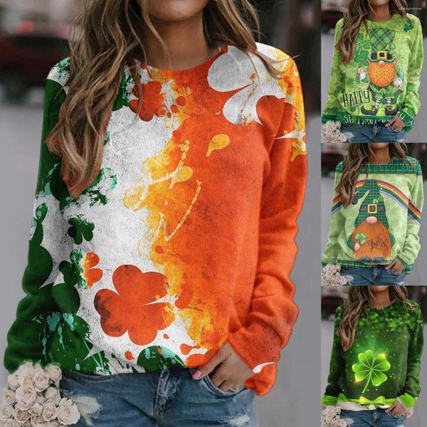 

women's blouses suitable for womens st patricks day print o neck sweatshirt round fit pullover casual long sleeve workout shirts, White