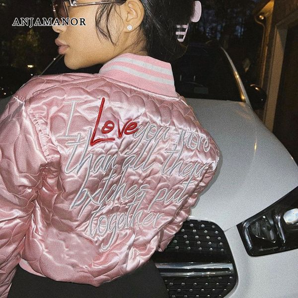 

women s jackets anjamanor letter embroidery baseball quilted coats streetwear fashion fall winter clothes outerwear womens d66 gz44 230208, Black;brown