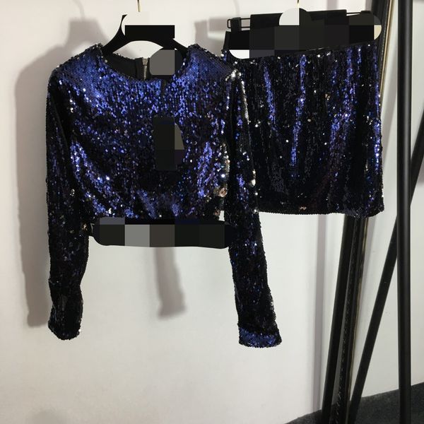 

213 2023 spring two pieces sets crew neck empire blue sequins pullover long sleeve empire short pants meiyi8, White