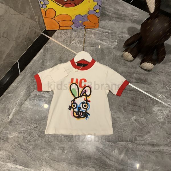

red t-shirt rabbits printing 2023ss children t-shirts summer brand designer boys fashion tees elastic thread neckline cotton ribbon stitchi, Blue