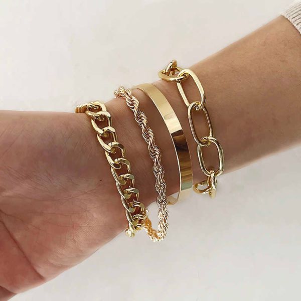 

nail bracelet jewlery for women boho thick gold charm bracelet 2023 new jewelry 4pcs punk curled cuban chain set, Golden;silver