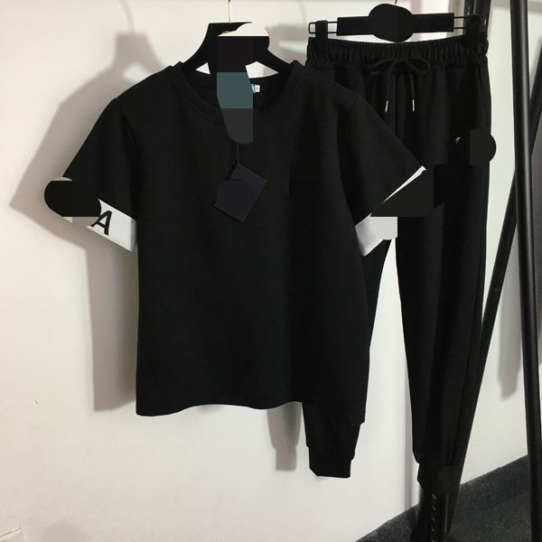 

203 2023 spring two pieces sets crew neck empire black green short sleeve empire short pants meiyi, White