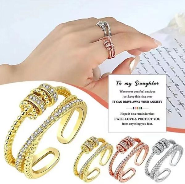 

zircon beads cross fidget ring with card for women anti stress adjustable anxiety ring aesthetic ring vintage jewelry gifts, Golden;silver