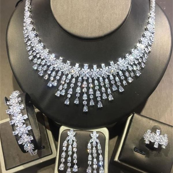 

bracelet necklace accking 4pcs bridal zirconia full jewelry sets for women party luxury dubai nigeria cz crystal wedding 230209, Silver