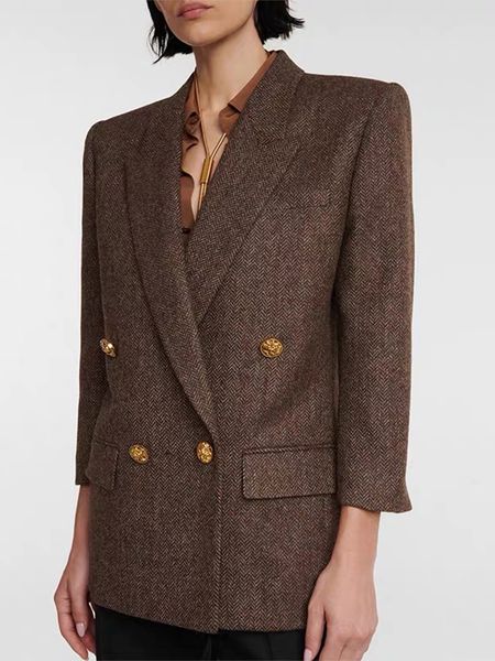 

women's suits blazers retro brown herringbone wool blazer women double breasted metal buttons slim fit 34 sleeves classic streetwear sl, White;black