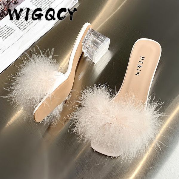 

dress shoes summer fluffy peep toe high heels women shoes fur feather lady fashion wedding slip-on pink square toe women sandals 230209, Black