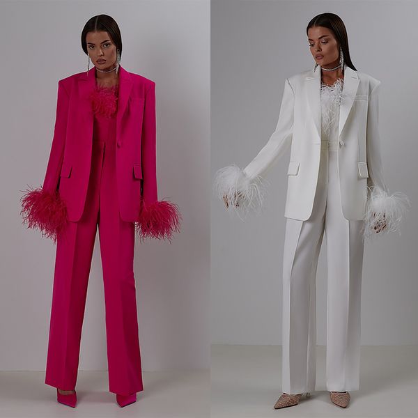 

celebrity tailored women pants suits ostrich feather evening party wear for wedding wide leg 3 pieces, Black;red