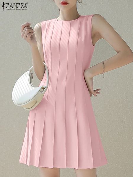 

casual dresses zanzea elegant commuting ol short robes round neck tank dres summer solid pleated fashion sleeveless mini 230209, Black;gray