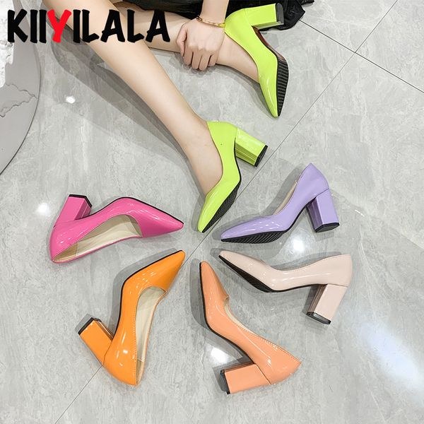 

dress shoes colorful pumps women's shoes 7cm high heel pointed toe fashion chunky high heels patent leather shoes female plus size 49 5, Black