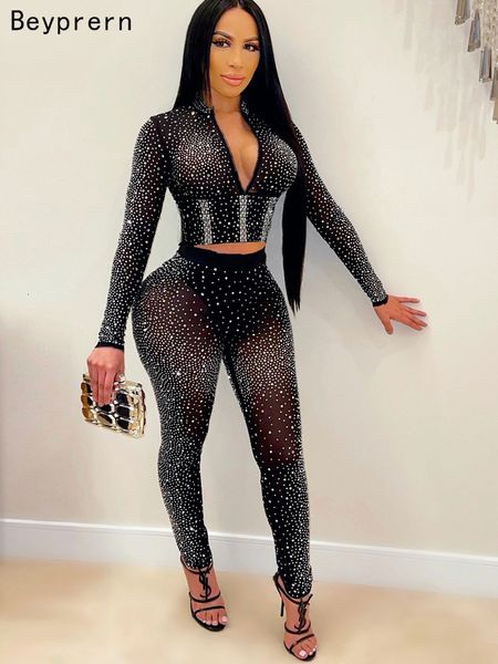 

women's two piece pants beyprern sparkle crystal set outfits spring see through studded crop and legging party club wears 230209, White