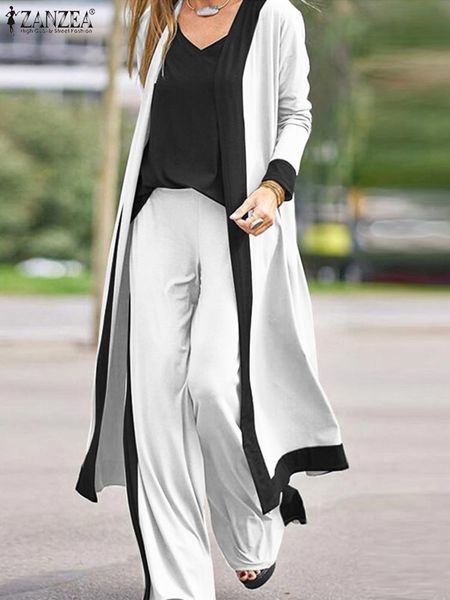 

women's two piece pants zanzea women spring solid color sets v neck full sleeve cardigan sleeveless tanks fashion work ol wide leg pan, White