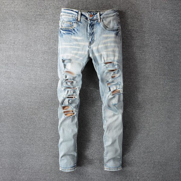 

men's jeans mens classic hip hop pants distressed ripped biker jean slim fit motorcycle denim, Blue