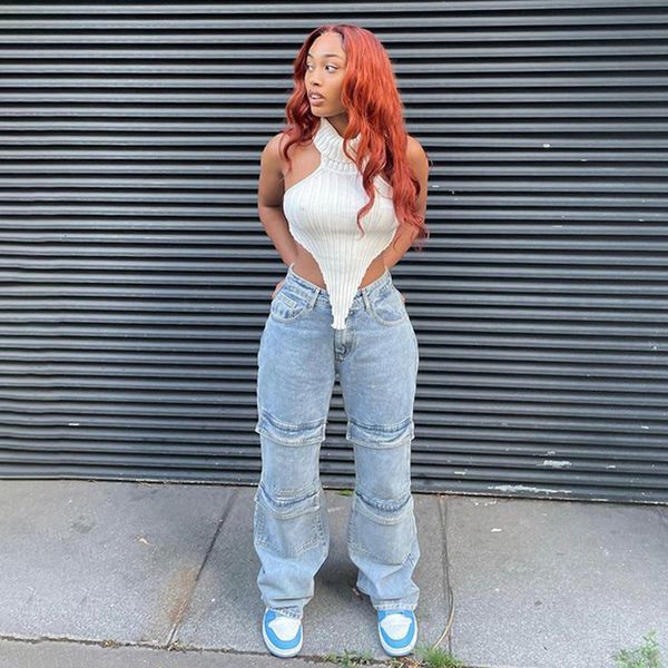 

women's jeans echoine hight waist straight denim pants pocket cargo women street party club trousers fashion casual y2k harajuku 230209, Blue