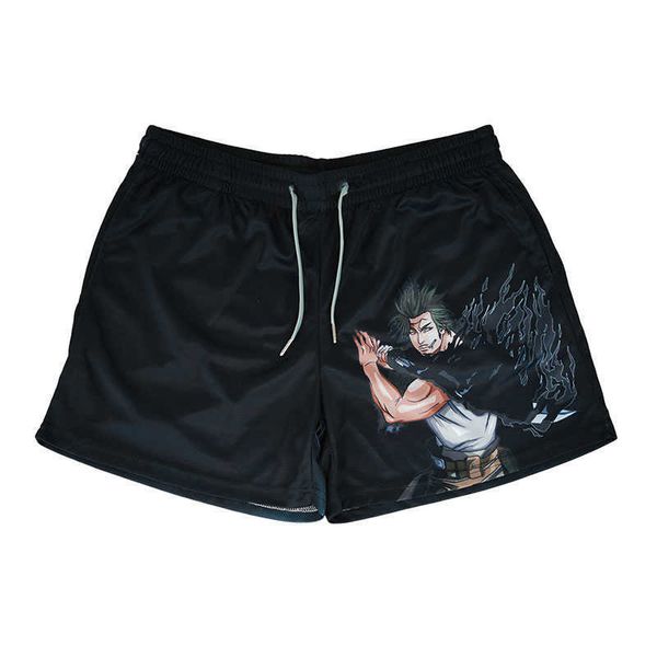 

men's shorts anime running shorts men gym fitness training quick dry beach short pants male summer black clover sports workout fitness, White;black