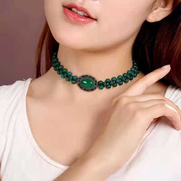

pendant necklaces green neck exquisite handcrafted collarbone chain ornament ethnic fashion short temperament necklace woman, Silver