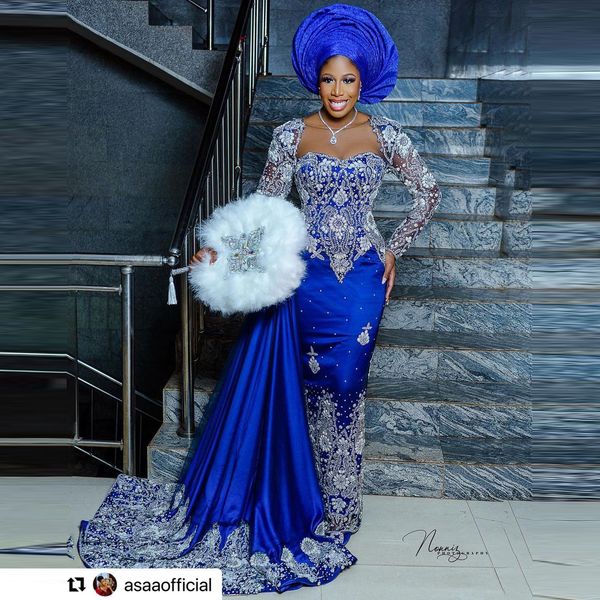 

party dresses gorgeous royal blue crystal formal long sleeves mermaid satin beadings custom made women aso ebi evening gowns 230208, White;black