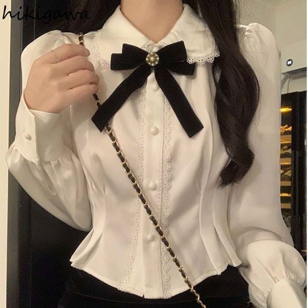 

women s blouses shirts sweet blouse women peter pan collar puff sleeve tunic blusas mujer de moda korean fashion white crop 230208