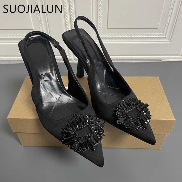 

sandals suojialun 2022 new spring fashion crystal buckle sandals women thick high heels pointed toe slingback shoes elegant slip on mule t23, Black