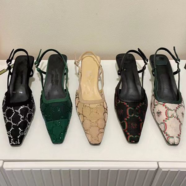 

2023 luxury women's g slingback sandals pointed toe mesh pump slingback shoes rhinestone diamond crystals sparkling dress shoes party w, Black