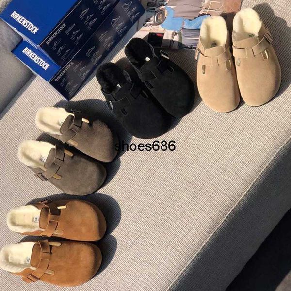 

irkenstock boken plush slippers women's shoes male external wear boken shoes winter leather cork half-shoes, Black