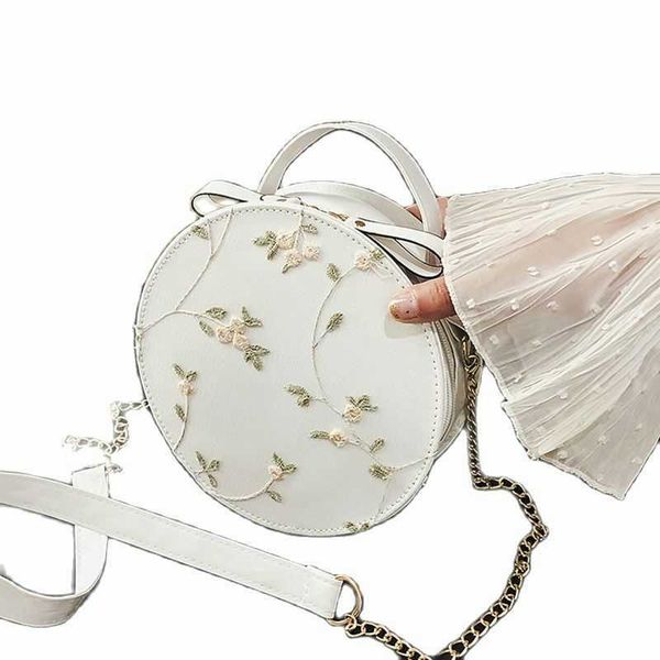 

embroidery lace handbags women round pu leather bags female new flower chain bags