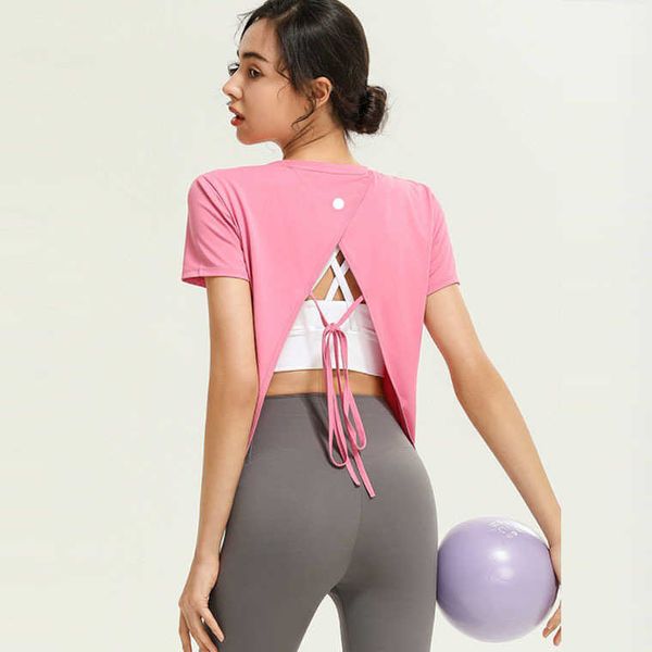 

fashion yoga women's t shirt clothes original backless sweatshirt loose bandage olid color short sleeve t-shirt women lululemens women, White