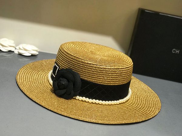 

designer straw hat brand letter cap female spring and summer versatile pearl letters flat hat japanese large brim sun protection beach hats, Blue;gray