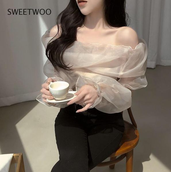 

women s blouses shirts lace patchwork see through long sleeve blouse women slash neck solid loose korean fashion elegant 230208, White