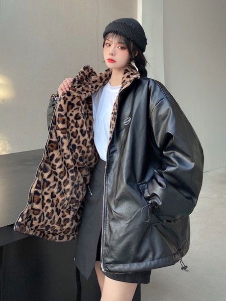 

women s jackets fashion two sided wear leopard print thick plush jacket women autumn winter retro pu leather casual coat streetwear 230208, Black;brown