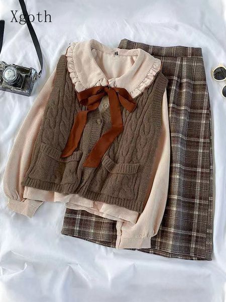 

two piece dress xgoth preppy threepiece womens suit spring autumn female student korean loose laceup shirt knitted vest plaid skirt sets 230, White