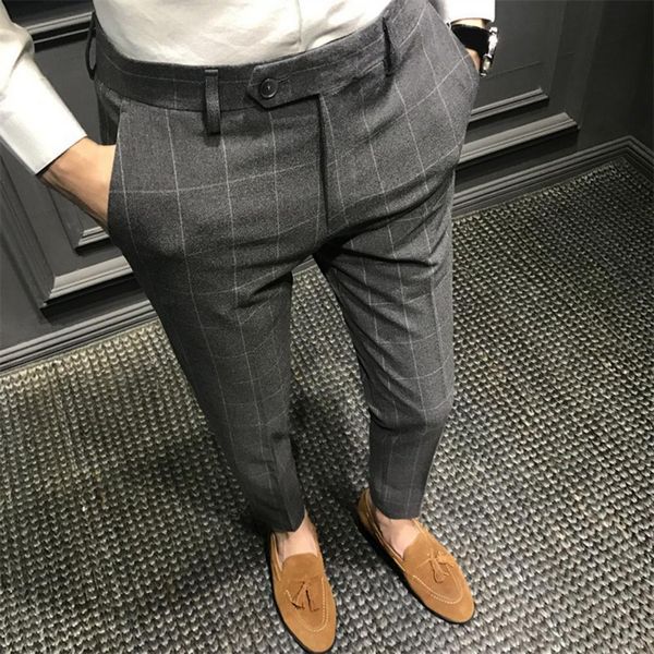 

mens pants mid waist formal fantastic suit plain straight slim breathable ankle length business trousers for work 230209, Black