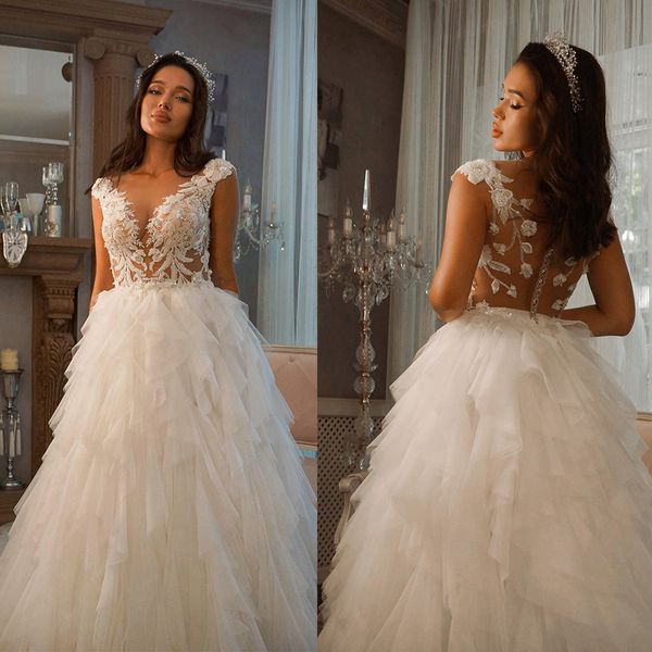 

elegant a-line wedding dresses v-neck flower leaves applicants backless layered net floor length custom made plus size soft bridal dress ves, White