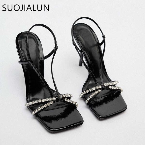 

sandals suojialun new brand women sandal fashion bling crystal narrow band ladies gladiator shoes thin high heel outdoor dress pumps t230208, Black