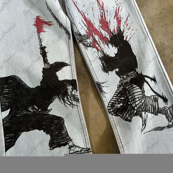 

women's jeans y2k medieval samurai print jeans vintage high street hip hop loose wide leg men's and women's trousers baggy wo, Blue