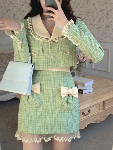 

two piece dress autumn winter sweet tweed plaid skirt suit women cute bow lace woolen jackets mini skirts green elegant set womens 2 pieces, White