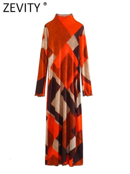

casual dresses zevity women high street color matching geometric print long dress female stand collar ruffles party vestidos ds2629 230209, Black;gray