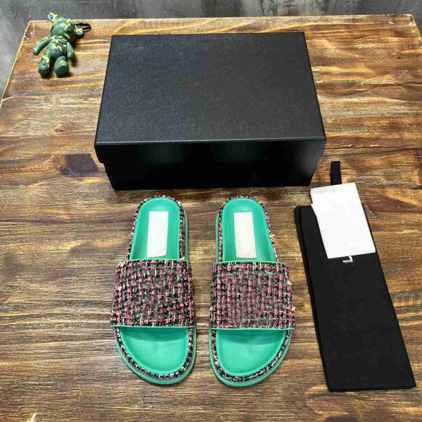 

retro tweed house slippers fashion slide designer sandals shoes youth women's woven grass slip on flats summer beach sandal slides size, Black