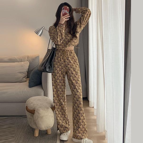 

women's two piece pants #241-fashion luxury sweaters styles designer two pieces jacquard autumn winter knit v neck pullover pants egkl, White