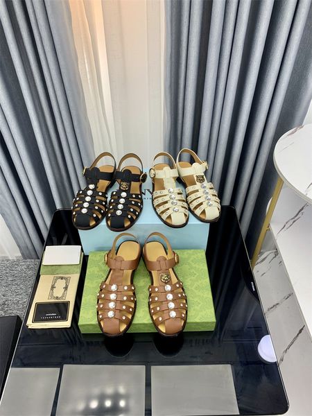 

luxury brand women men leather pearl sandals 3 colour platform breathable professional dress shoes womens mens slippers, Black