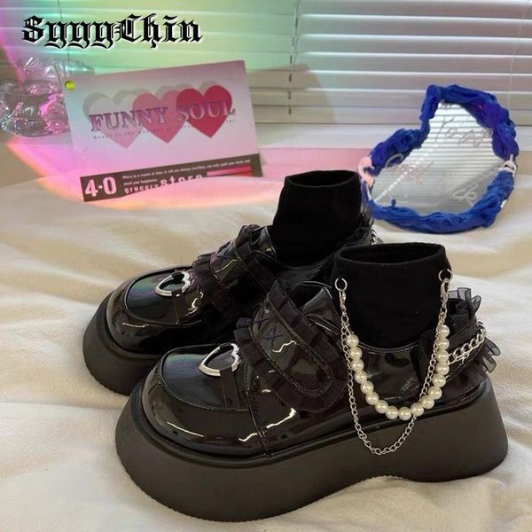 

dress shoes women pumps derby metal heart lace chain flat wedge platform female shoes lady vintage girl lolita punk college round toe shoes, Black